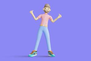 Portrait of smiling cute brunette man wearing pink t-shirt doing welcome gesture inviting new customers. Minimal stylish art style. 3d rendering photo