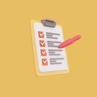 White clipboard with checklist on orange background. 3d rendering. photo