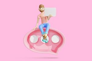 Social media concept. man sits on a bubble talk. 3d rendering photo