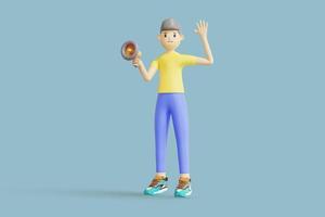 3d illustration male character speaking into megaphone. 3d rendering photo