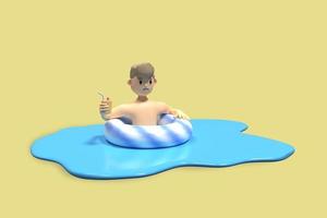 hombre relajándose en un flotador y bebiendo jugo. representación 3d foto