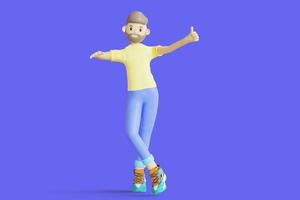 Portrait of smiling cute brunette man wearing yellow t-shirt doing one hand raising gesture and giving thumbs up. Minimal stylish art style. 3d rendering photo