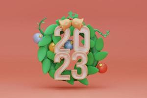 Happy New Year bouqet and gray number sign 2023. Merry Christma festive bouqet. 3d rendering photo