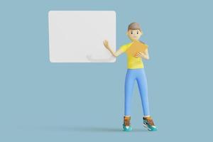 3d illustration of male character holding a note and pointing at the whiteboard. 3d rendering photo