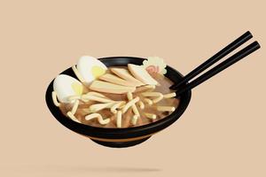 Sopa de ramen japonesa 3d en un plato redondo, palillos en la sopa sobre un fondo blanco. representación 3d foto