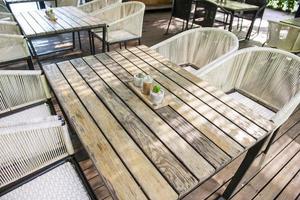 wood table at restaurant photo