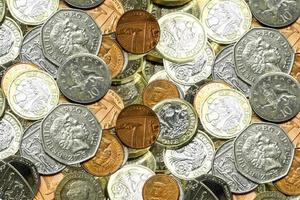Top view of British currency coins background and wallpaper. photo