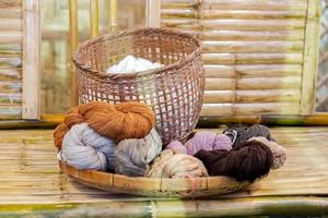 Closeup colorful and group of Yarn for weaving on bamboo basket and table. photo