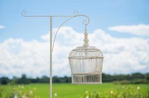 jaula de pájaros blancos como lámpara contra el cielo azul foto