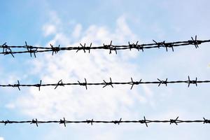 triple lines of Barbed wire with blue sky 2 photo