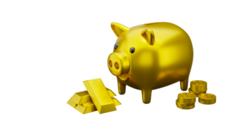 transparência da imagem 3d renderização jarra de dinheiro porco ouro com pilha de moedas de dólar de ouro, economia de conceito e ilustração de negócios financeiros png