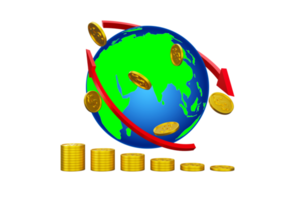 Representación 3d flecha roja y mundo con pila de monedas de oro ilustración concepto mercado de valores finanzas inversión transparencia
