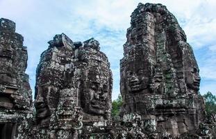 Prasat Bayon with smiling stone faces is the central temple of Angkor Thom Complex, Siem Reap, Cambodia. Ancient Khmer architecture and famous Cambodian landmark, World Heritage. photo