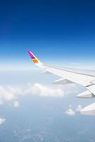 Wing of an airplane flying in the sky photo