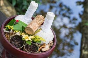 Thai traditional Herbal balls and herbs photo