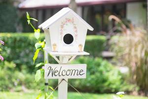 White bird house in the garden photo