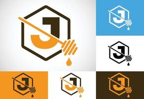 Initial letter J with honeycomb bees logo design vector illustration. Honey logo font emblem