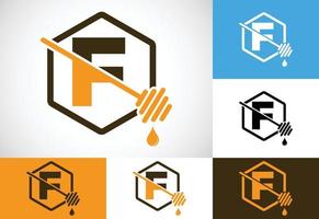 Initial letter F with honeycomb bees logo design vector illustration. Honey logo font emblem