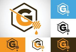 Initial letter G with honeycomb bees logo design vector illustration. Honey logo font emblem