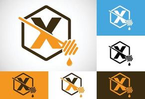 Initial letter X with honeycomb bees logo design vector illustration. Honey logo font emblem