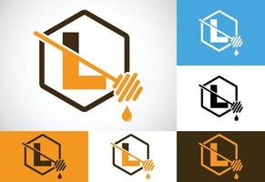 Initial letter L with honeycomb bees logo design vector illustration. Honey logo font emblem