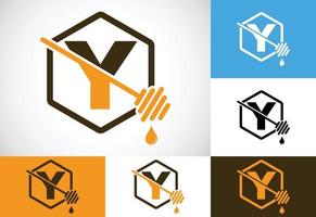 Initial letter Y with honeycomb bees logo design vector illustration. Honey logo font emblem