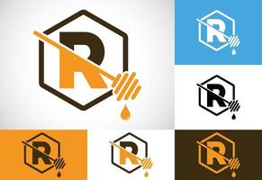Initial letter R with honeycomb bees logo design vector illustration. Honey logo font emblem