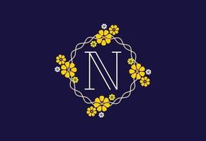 letra del monograma floral n. alfabeto inicial con elementos botánicos. diseño floral del vector del alfabeto