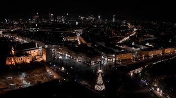 Aerial Christmas night of the Warsaw old town. photo