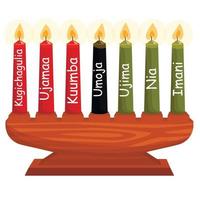 Candleholder with Kwanzaa Principles in Swahili - Unity, Self-Determination, Collective Work and Responsibility, Cooperative Economics, Purpose, Creativity, Faith vector