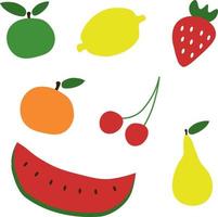 Fruits and berries, vector set. Apple and pear, cherry and strawberry, lemon and orange, watermelon.