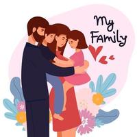 ilustración vectorial de una familia feliz, madre padre hija hijo tomándose de la mano y abrazándose, vector familiar próspero completo