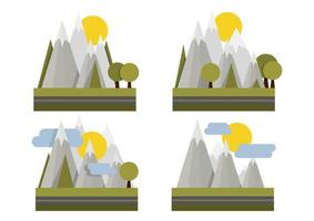 conjunto de diferentes montañas y árboles geométricos grises en la parte inferior con un camino vector