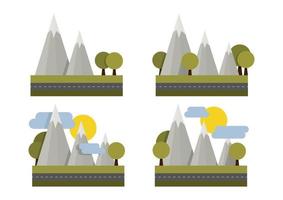 conjunto de montañas geométricas simples, árboles, nubes y sol vector