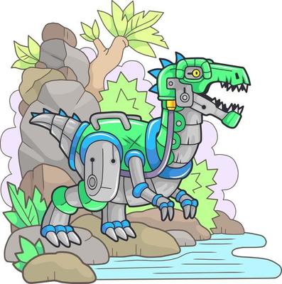 prehistoric robot dinosaur baryonyx, funny illustration