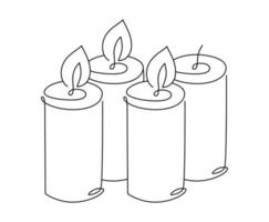 Three hand drawn one line candles vector icon. Four candles are burning. Christmas advent illustration for greeting card, web design isolated holiday invitation on white background