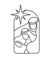 escena de la natividad religiosa cristiana de navidad vectorial del niño jesús con maría y josé con estrella. boceto de ilustración de icono de logotipo. garabato dibujado a mano con líneas negras vector