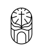 línea de religión cruz y biblia de libro abierto en la iglesia. ilustración de icono de logotipo vectorial aislada. jesucristo en el calvario es el centro del cristianismo. dios perdon y amor por las personas vector