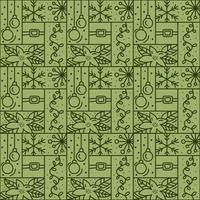 Christmas logo advent seamless pattern snowflake, gift box, house, garland, sock and tree on green background. Hand drawn monoline winter vector constructor for greeting card