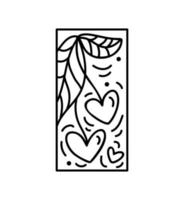 composición vectorial de san valentín feliz charries con hojas y corazones. logotipo de constructor de vacaciones de amor dibujado a mano en marco vertical rectangular para tarjeta de felicitación, invitación de diseño web vector