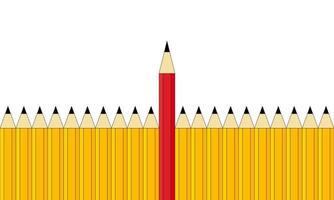 One red pencil and group of yellow pencils. Difference concept.