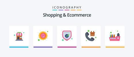 Shopping And Ecommerce Flat 5 Icon Pack Including container. checkout. protection. basket. call. Creative Icons Design vector