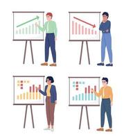 Employees doing presentations semi flat color vector characters set. Editable figures. Full body people on white. Business simple cartoon style illustrations pack for web graphic design and animation