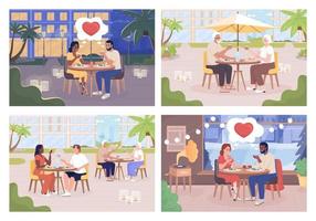 Celebrating important date flat color vector illustration set. Romantic dinner. Couple at restaurant. Vacation together. Fully editable 2D simple cartoon characters pack with cityscape on background