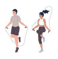 haciendo ejercicio de cuerda de salto de carácter vectorial de color semiplano. figura editable. personas de cuerpo completo en blanco. ejercicio cardiovascular ilustración de estilo de dibujos animados simple para diseño gráfico web y animación vector