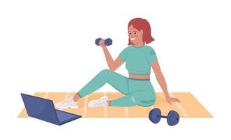 programa de entrenamiento en línea carácter vectorial de color semiplano. figura editable. personas de cuerpo completo en blanco. mujer siguiendo el ejercicio simple ilustración de estilo de dibujos animados para diseño gráfico web y animación vector