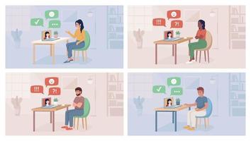 Feedbacks flat color vector illustration set. Online meetings. Positive review. Negative report. Fully editable 2D simple cartoon characters with home interior on background. Quicksand Bold font used