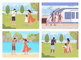 Family vacation flat color vector illustration set. Relaxing time together. Couple life. Holidays with loved ones. Fully editable 2D simple cartoon characters pack with landscape on background