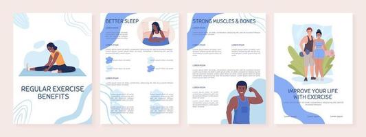 Regular exercise benefits flat vector brochure template. Health booklet, leaflet printable flat color designs. Editable magazine page, reports kit with text space. Sniglet, Comfortaa fonts used