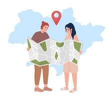 una pareja joven mira la ilustración aislada del vector 2d del mapa de carreteras de ucrania. planificación de viajes programar personajes planos en el fondo del mapa mundial. colorida escena editable para móvil, sitio web, presentación